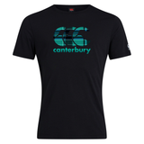 The WRS Canterbury CCC Tartan Club Plain T-Shirt showcases rugby pride with a black design featuring a teal logo and "Canterbury" boldly printed on the front.