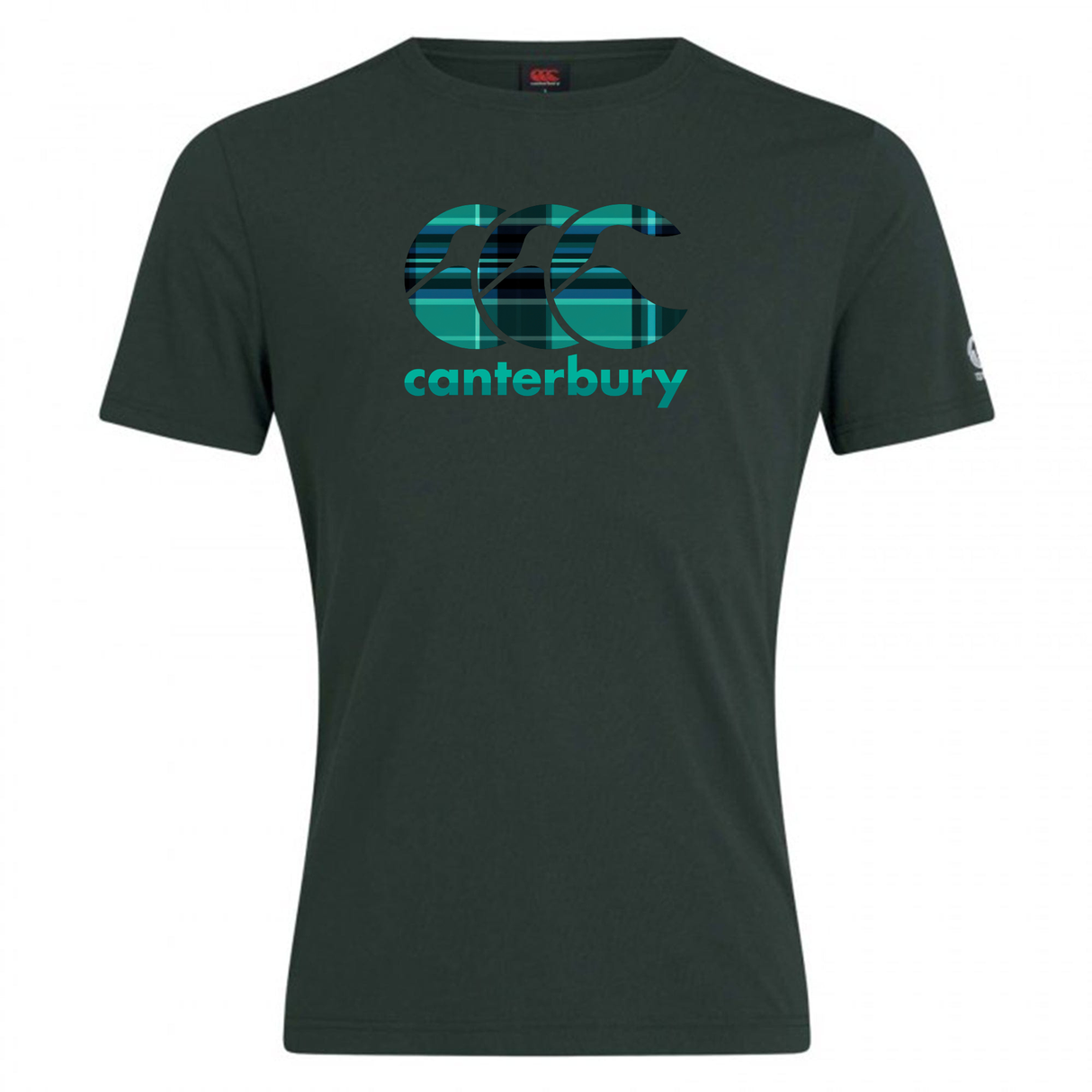 The Canterbury CCC Tartan Club Plain T-Shirt by WRS Canterbury features rugby pride with a dark green design, bold blue CCC logo, and "canterbury" text on the front.