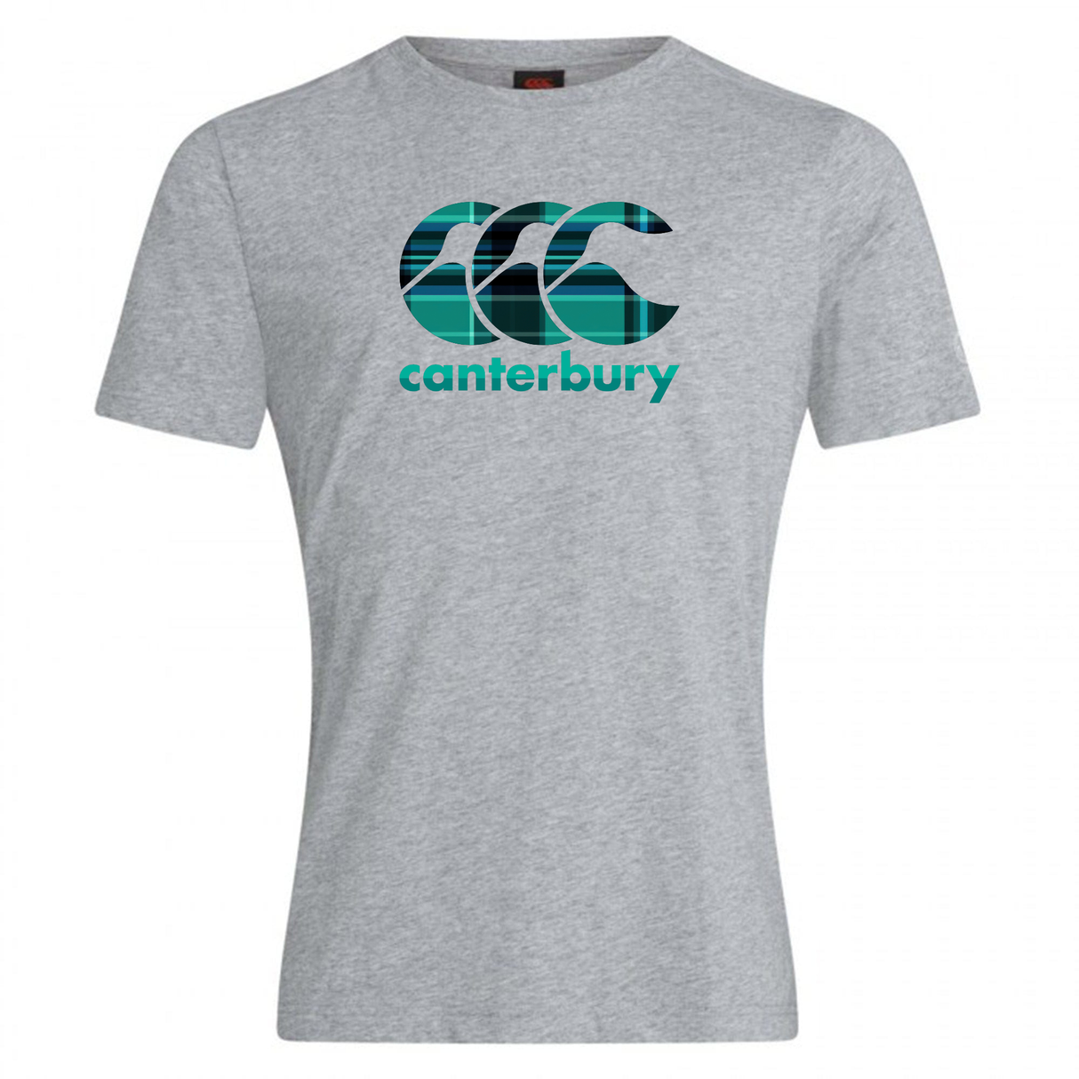 This WRS Canterbury CCC Tartan Club Plain T-Shirt features a stylized "CCC Canterbury" logo in teal and black, embodying rugby pride for fans of understated style.