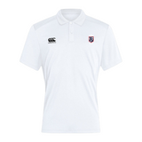 The Claremont Colleges Waimak Polo by EMB Canterbury is a white polo with a collar, featuring the Canterbury logo on the right chest and a shield emblem on the left. Ideal for rugby fans seeking classic style.