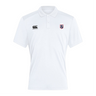 The Claremont Colleges Waimak Polo by EMB Canterbury is a white polo with a collar, featuring the Canterbury logo on the right chest and a shield emblem on the left. Ideal for rugby fans seeking classic style.