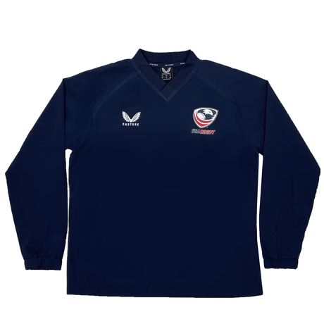 Women's USA Rugby Weatherproof Top by Castore, a blue sports pullover with V-neck, featuring a white USA Rugby logo on the left chest and Castore logo on the right, designed for women's rugby apparel.