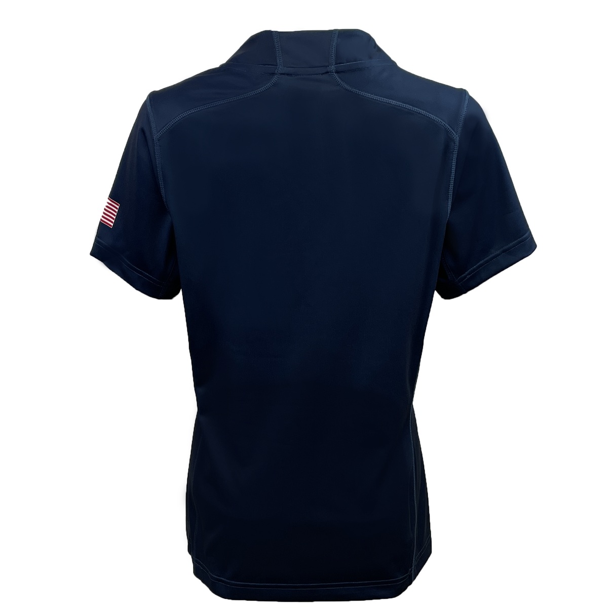 Back view of a navy blue short sleeve USA Rugby Women's 2024 Olympic 7's Jersey by Castore, featuring an American flag patch on the right sleeve.