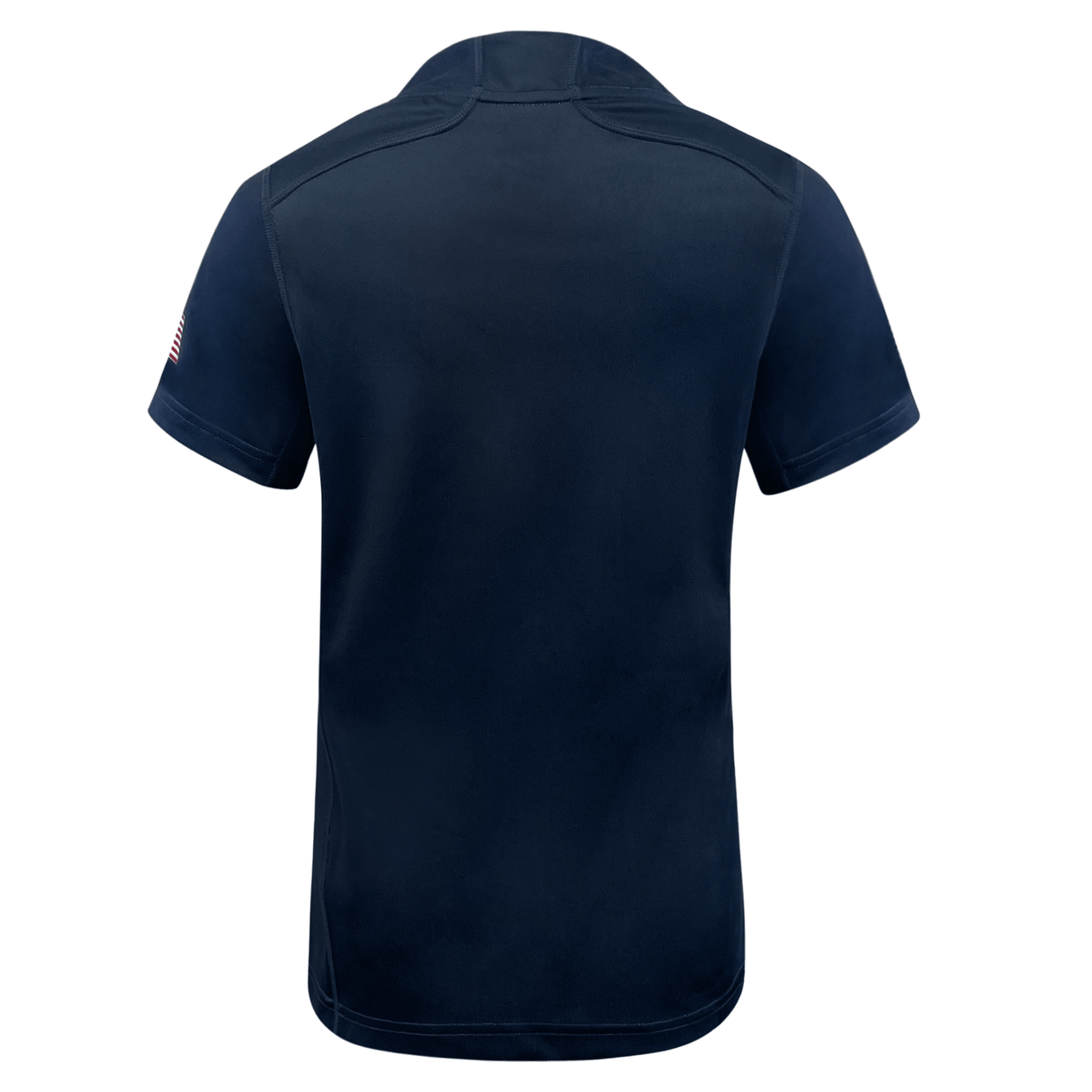 Navy blue polo shirt viewed from the back with an embroidered American flag patch on the right sleeve by Castore.