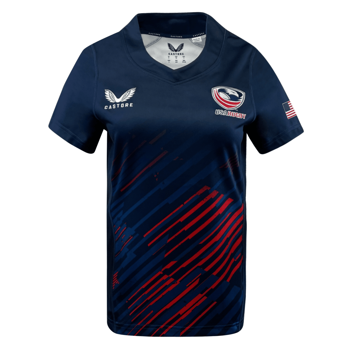 Navy blue Castore USA Rugby women's jersey with red diagonal stripes and embroidered logos, displayed on a white background.