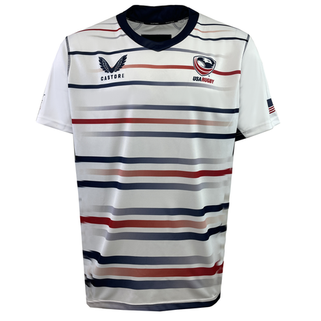 The USA Rugby Pro Home Jersey by Castore is designed with moisture-wicking fabric, showcasing bold horizontal red, blue, and white stripes and the iconic logo on the chest.