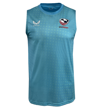 The USA Rugby Dot Printed Training Singlet by Castore is a blue sleeveless design featuring the USA Rugby logo on the chest.