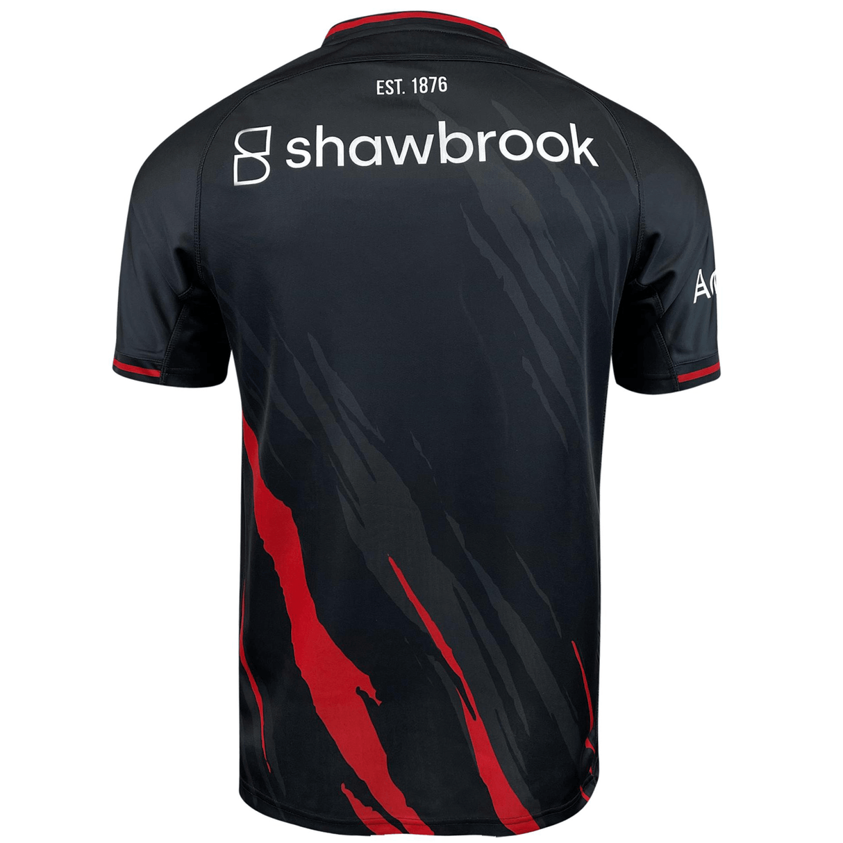 A black and red Saracens Home Jersey 23/24 by Castore with the word shawbrook on it.