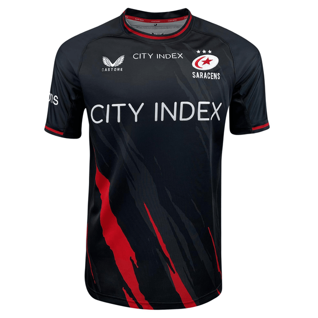 A black and red Saracens Home Jersey 23/24 by Castore with the word city index on it.