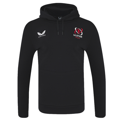 New Arrival: The Ulster 24/25 Cotton Brushed Back Hoodie by Castore is designed in black and showcases the Castore logo on the left, the Ulster Rugby emblem on the right, and includes a convenient front pocket for added practicality. Crafted from brushed cotton for extra comfort and style.