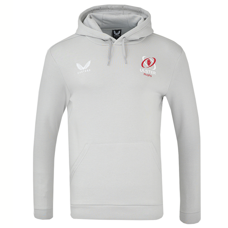 Introducing the Ulster 24/25 Cotton Brushed Back Hoodie by Castore, featuring the iconic Ulster Rugby logo on the right chest and an additional distinctive logo on the left. Just in and ready to enhance your style with unparalleled comfort and quality.