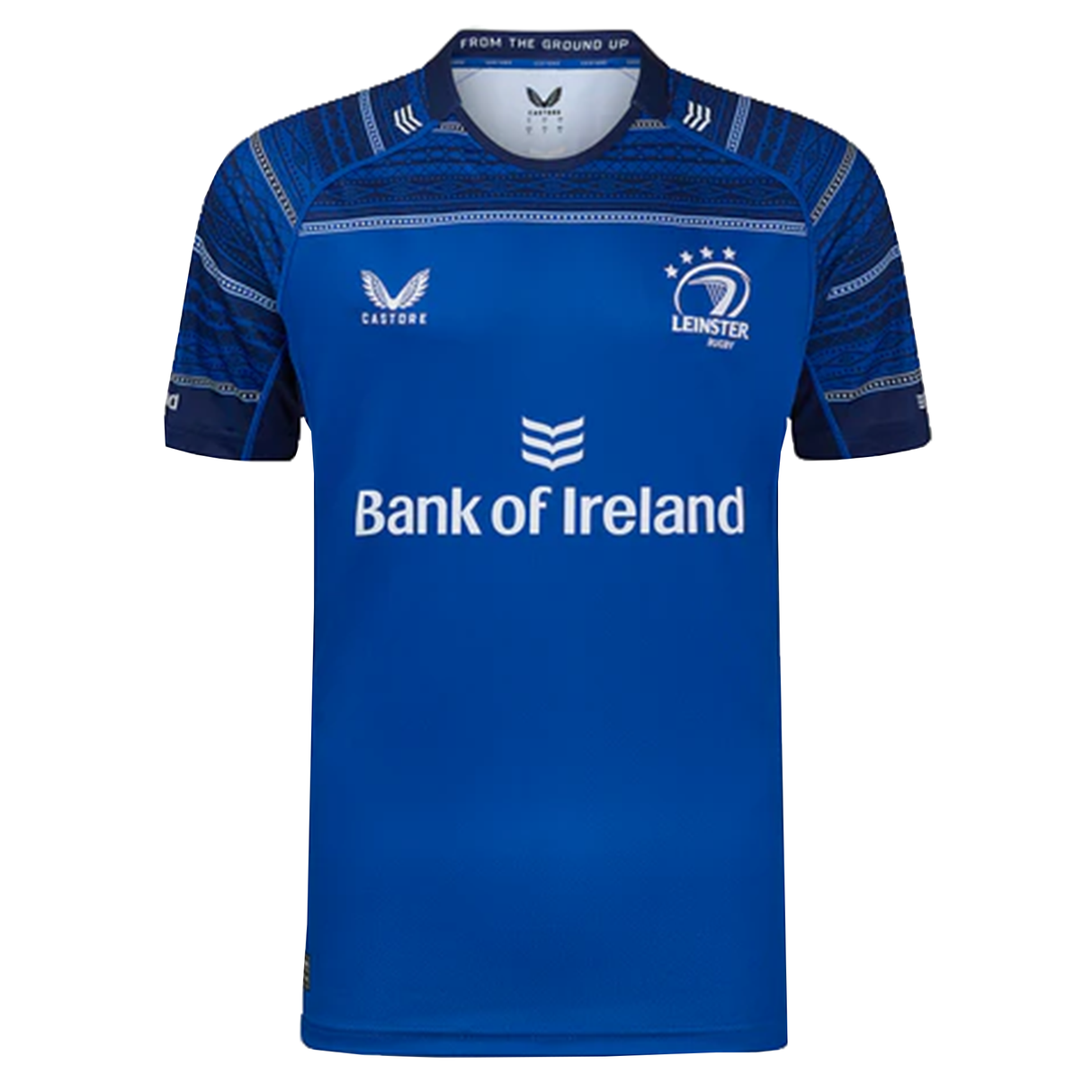 The Leinster 24/25 Replica Home Jersey by Castore is a blue sports jersey designed with an athletic fit. It prominently displays the "Leinster Rugby" emblem, along with the "Bank of Ireland" logo and Castore branding. The jersey also features patterned sleeves and a neck label that reads "FROM THE GROUND UP.