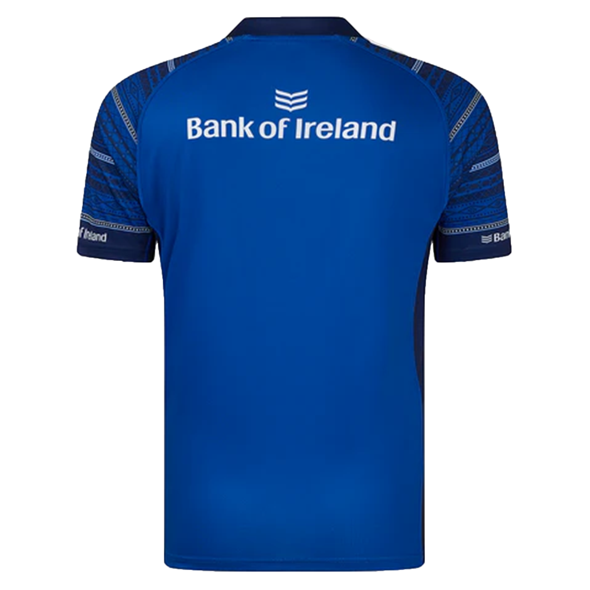 Leinster 24/25 Replica Home Jersey by Castore with an athletic fit, featuring "Bank of Ireland" text on the back and sleeves. It boasts patterned blue sleeves and a classic rugby logo, making it ideal for fans who value both style and sport.