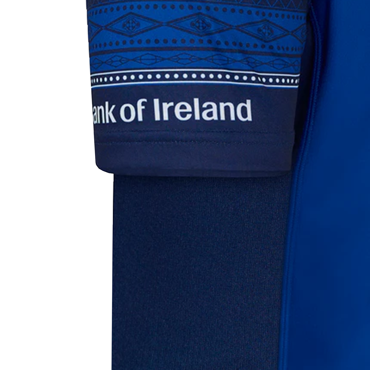 Close-up of a blue sleeve with patterned trim and "Bank of Ireland" text, showcasing the Rugby logo. This design is featured on the Leinster 24/25 Replica Home Jersey by Castore, highlighting its athletic fit for enhanced performance.