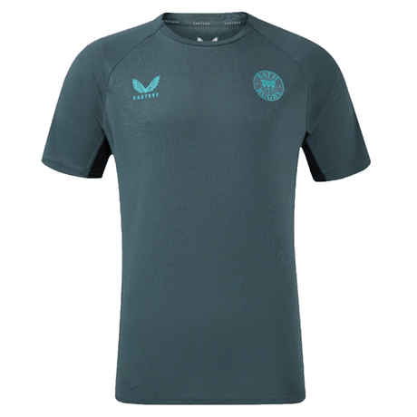 A dark teal training tee, the Bath Rugby 24/25 Rise Pro Players by Castore, features a logo on the left chest with "Bath Rugby" branding on the right.