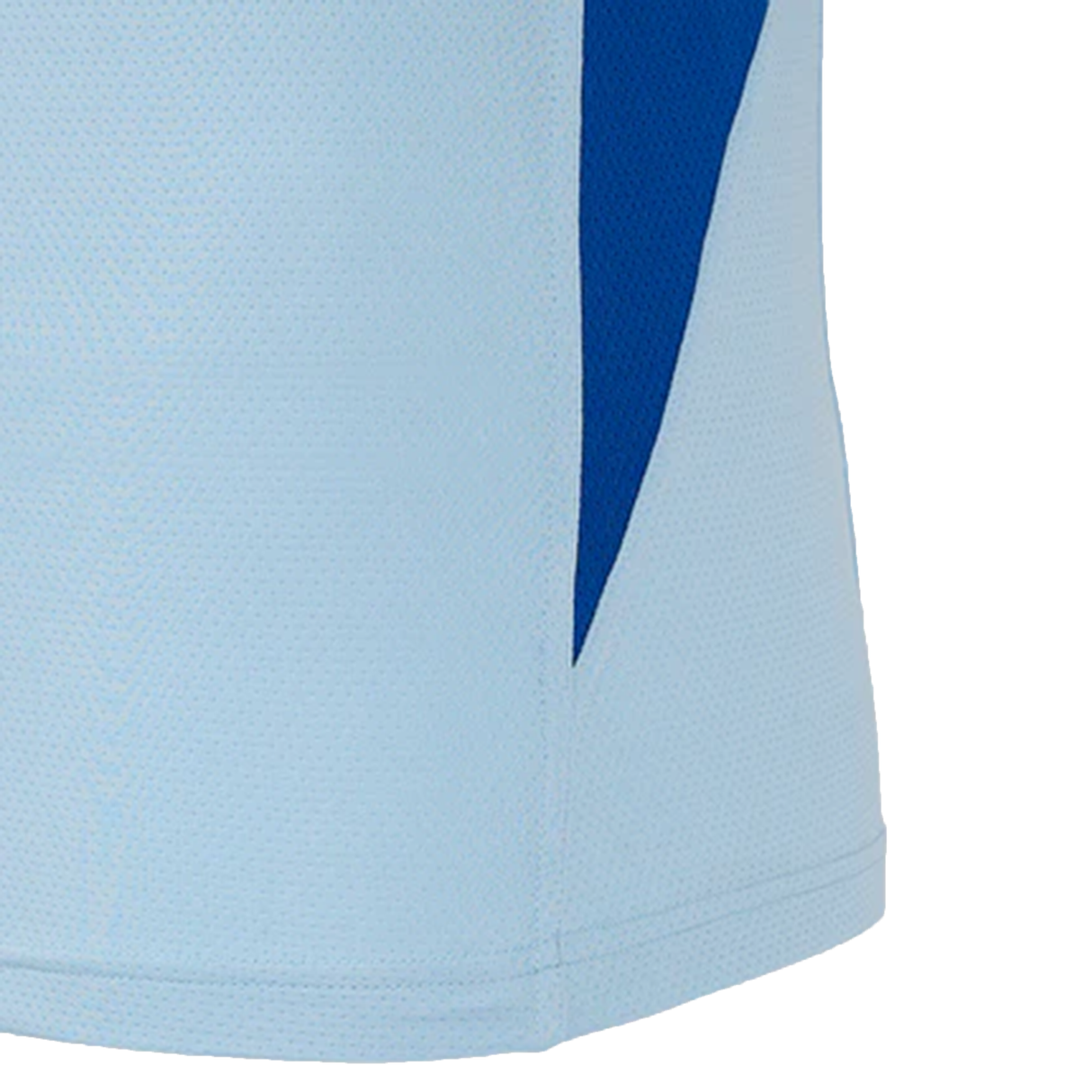 Close-up of the Leinster 24/25 Rise Pro Players Training Tee by Castore, showcasing a light blue fabric with a dynamic dark blue diagonal stripe design popular among professional players.