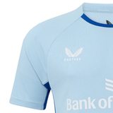 This light blue, high-performance fabric sports jersey, accented with dark blue details, proudly displays the "Castore" logo on the chest along with a partially visible "Bank of" underneath. It is part of the Leinster 24/25 Rise Pro Players Training Tee collection by Castore.