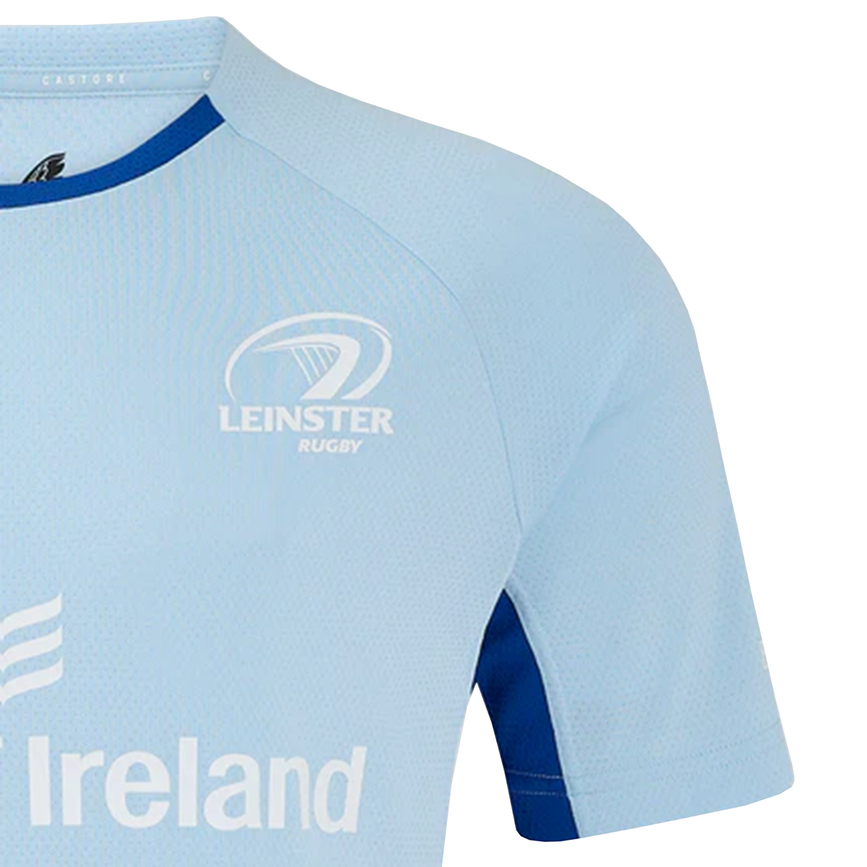 Introducing the Leinster 24/25 Rise Pro Players Training Tee by Castore, a light blue jersey featuring a white logo on the chest. Made from high-performance fabric, it is enhanced with darker blue trim along the sleeves and collar for a sleek finish.