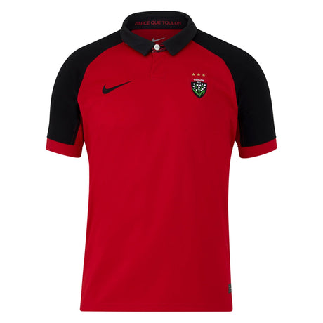 A red and black RC Toulon Home Rugby Jersey 23/24 by Nike soccer shirt.