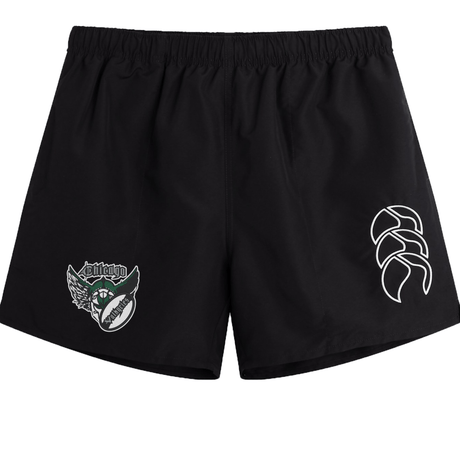 Black athletic shorts with a green and white Chicago Valkyries rugby team logo on the left and a white abstract design on the right leg by EMB Canterbury.