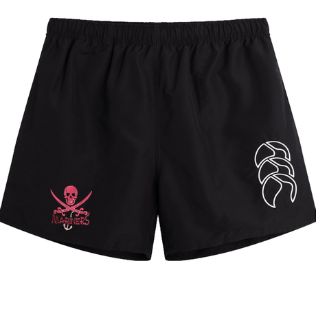 Black SUNY Maritime Tactic swim shorts featuring an elasticated waist, a skull and crossbones logo labeled "mariners" on one leg, and a white palm tree emblem on the other by EMB Canterbury.