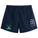 Navy blue Twin Island Rugby Tactic shorts with an elasticated waist, featuring a palm tree logo on the left and a white leaf design on the right by EMB Canterbury.