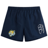 Navy blue Noble Street College Prep Tactic Shorts by EMB Canterbury, with an elastic waistband, featuring a tiger logo on the left leg and a leaf design on the right.