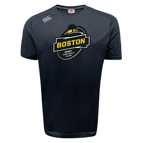 The Boston RFC Tempo Vapodri T-Shirt by Canterbury is a black rugby jersey featuring the "Boston Rugby Football Club" logo, with "WRS Canterbury" branding on the upper left shoulder and VapoDri technology for superior moisture-wicking performance.