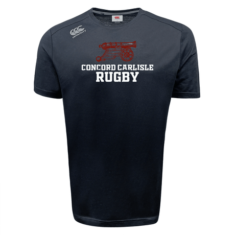 Navy blue sports tee with "Concord Carlisle Rugby" and a red graphic of a vintage car on the chest, featuring moisture-wicking Vapodri technology, the Concord Carlisle Rugby Tempo Vapodri T-Shirt by WRS Canterbury.