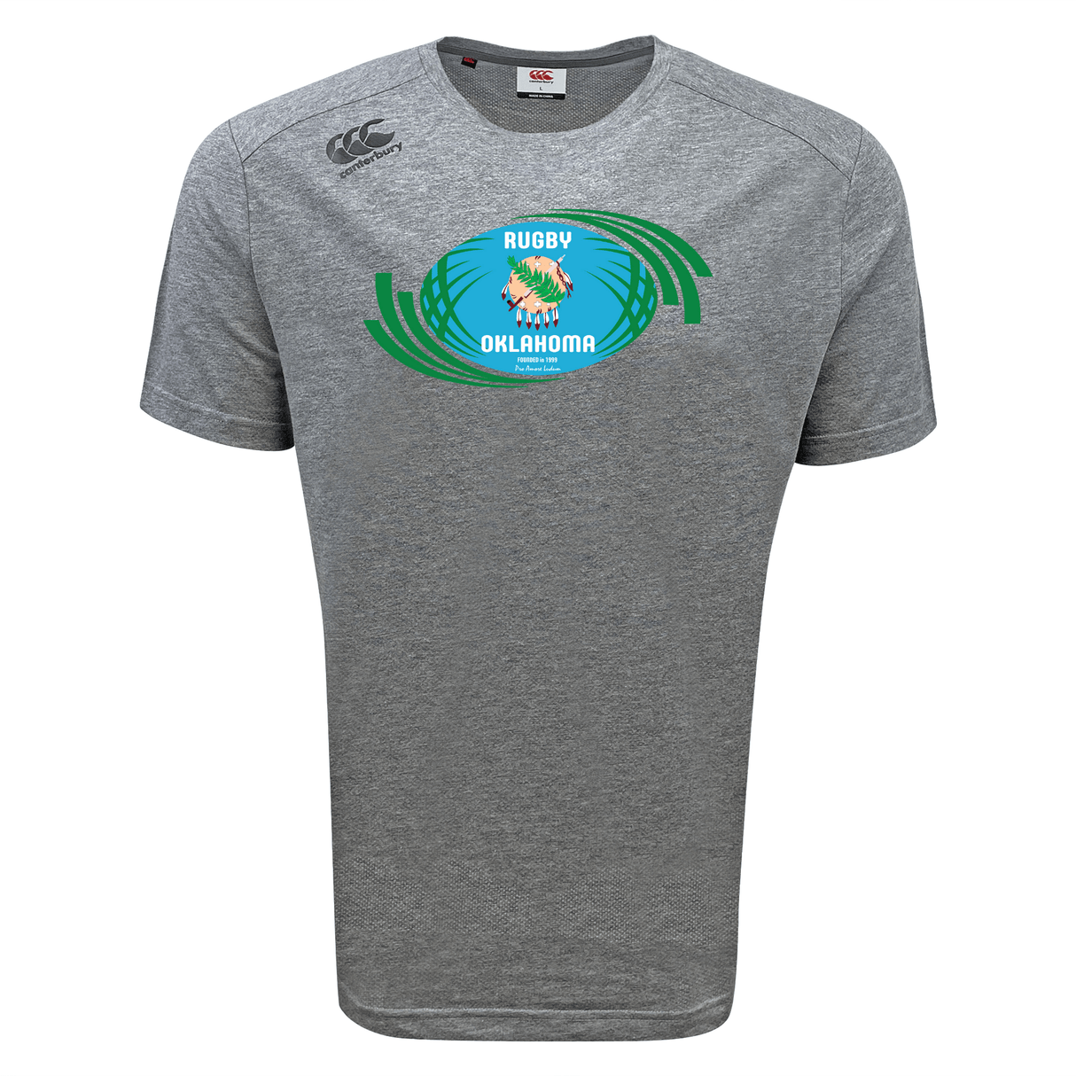 Crafted by WRS Canterbury, the Rugby Oklahoma Tempo Vapodri T-Shirt showcases a gray design with an Oklahoma Rugby motif, featuring a buffalo and circular green accents, and is equipped with VapoDri technology for exceptional moisture-wicking performance.