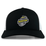 Black and white EMB Alpha Broder Boston RFC Retro Trucker Cap with an embroidered "Boston Rugby Football Club" logo on the front.