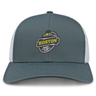 A gray and white Boston RFC Retro Trucker Cap with a "boston rugby football club" logo in yellow, black, and white on the front.