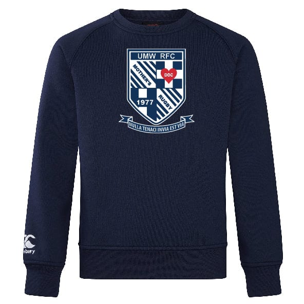 Ultra-soft navy blue University of Mary Washington Club Crew Sweatshirt by WRS Canterbury featuring the embroidered CCC logo and the UMW RFC logo on the front.