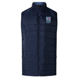 The University of Mary Washington Elite Microlite Gilet by EMB Canterbury, in navy blue, is a sleeveless padded vest featuring insulated baffles, a front zipper, and an embroidered crest on the left chest.