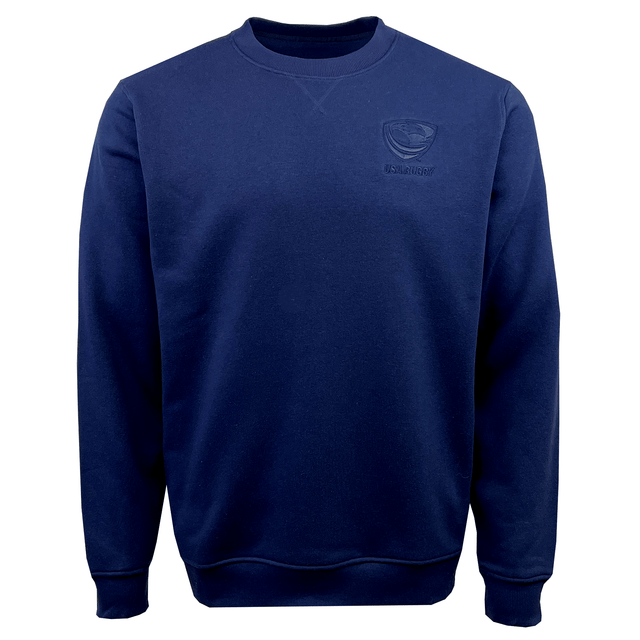 A USA Tonal Fleece Crewneck Sweatshirt in navy blue from EMB Augusta, featuring a subtle embroidered logo on the upper left chest area.