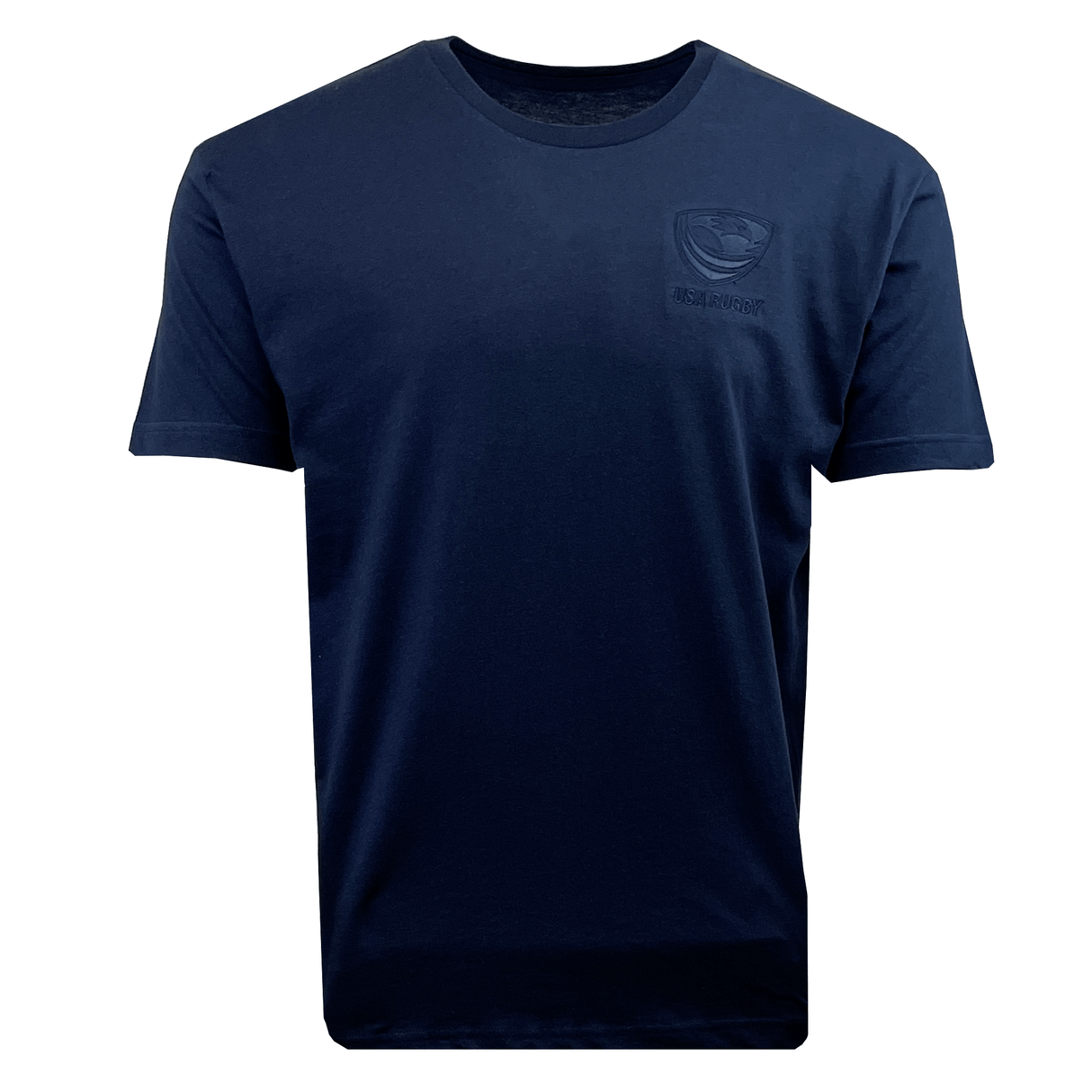 A plain navy blue T-shirt with short sleeves and a round neckline, crafted from soft cotton fabric by EMB LAT. The USA Tonal Supersoft Tee features an embroidered logo on the upper left chest area, perfect for Eagles fans looking to show their support subtly.