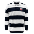 Navy and white striped USA Rugby Hooped Classic Jersey with a team crest on the left chest, designed in a relaxed fit by EMB Mudoo.