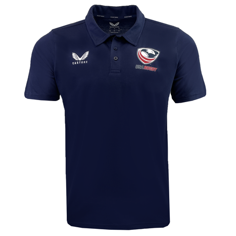 The USA Rugby Cotton Polo by Castore is a navy blue cotton blend shirt with a collar, showcasing the "USA Rugby" and Castore logos on the chest.