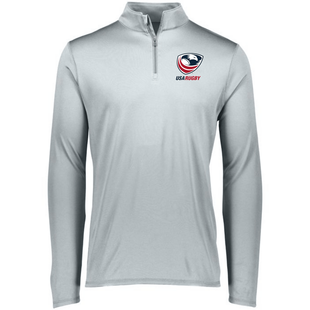 A men's grey USA Rugby 1/4 zip pullover with the logo of the Columbus Blue Jackets, by EMB Augusta.