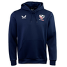 Introducing the USA Rugby Hoodie by Castore in navy blue, featuring a stylized eagle logo with "USA RUGBY" text on the front and adorned with the "CASTORE" insignia. Made from polyester, it offers comfort with a front pocket and drawstrings.