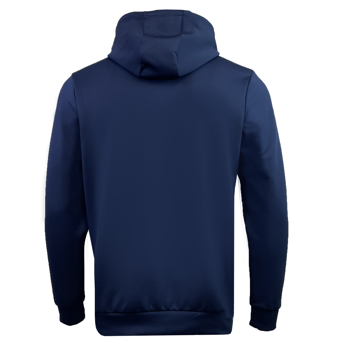 The USA Rugby Hoodie by Castore is displayed from the back, highlighting its navy blue color, hood, and long sleeves. Made from premium polyester, it is showcased against a white backdrop.