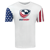 White tee with a star print on the right sleeve and a stripe print on the left sleeve, and a USA Rugby Crest logo center front.