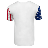 Back of a white tee with a star print on the right sleeve and a stripe print on the left sleeve.