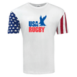 White tee with a star print on the right sleeve and a stripe print on the left sleeve, and a USA Rugby Throwback logo center front.