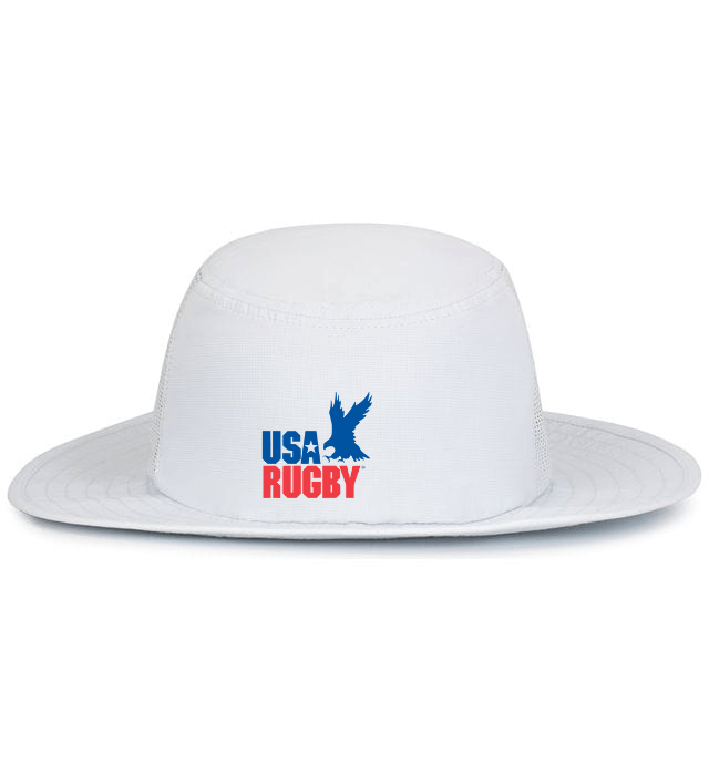 White perforated USA Rugby Throwback Legend Boonie Hat with the EMB Augusta logo on the front.