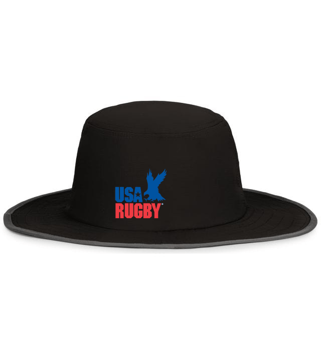 Black perforated USA Rugby Throwback Legend Boonie Hat with a EMB Augusta logo on the front.