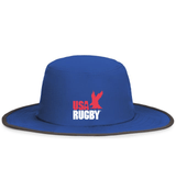 A blue perforated USA Rugby Throwback Legend Boonie Hat with the EMB Augusta logo on the front.