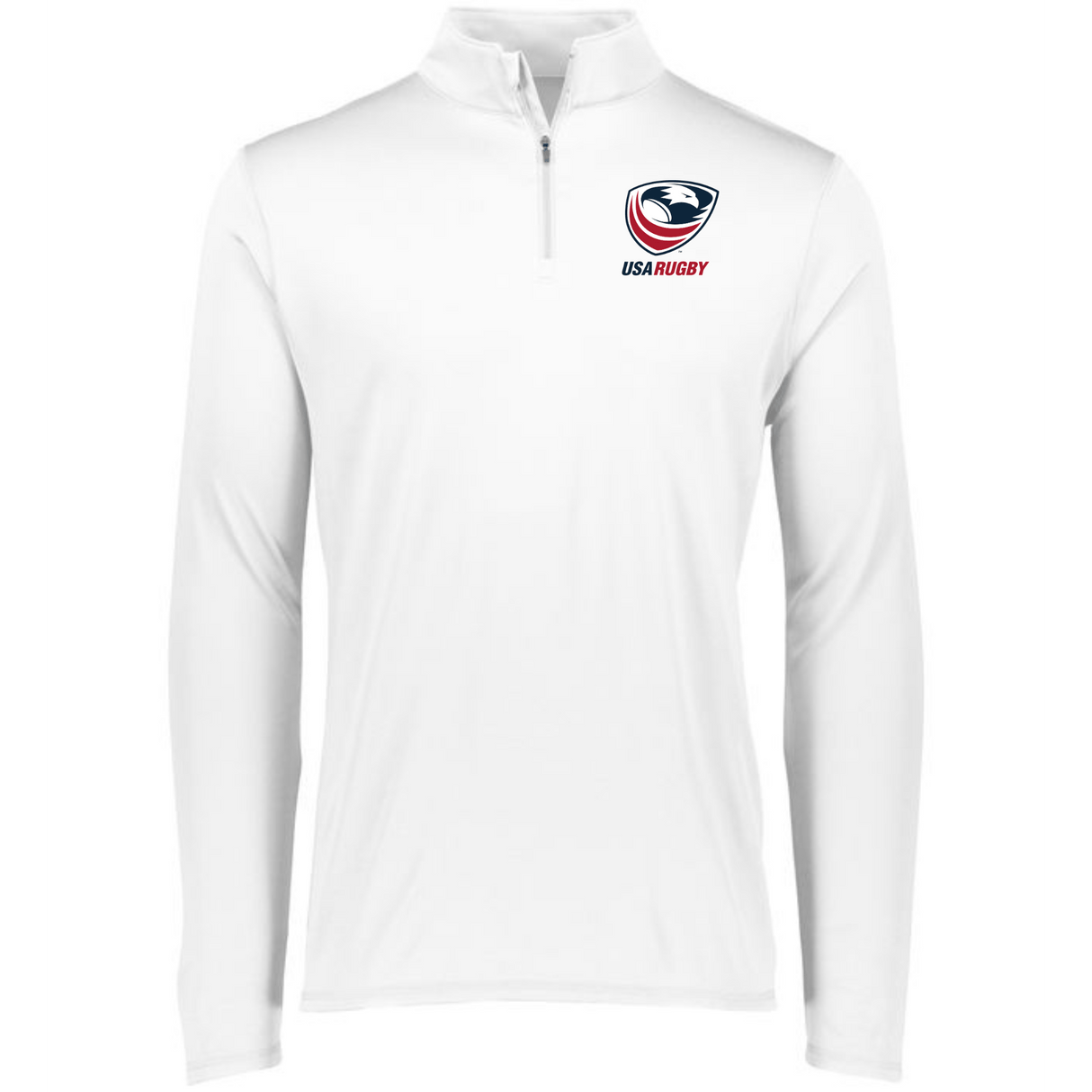 A white men's USA Rugby 1/4 Zip Pullover with a logo on the front from EMB Augusta.