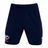 The USA Rugby Zippered Shorts by Castore in navy blue feature an eagle logo on one leg and a white leaf design on the other, complete with an adjustable waist for comfort.