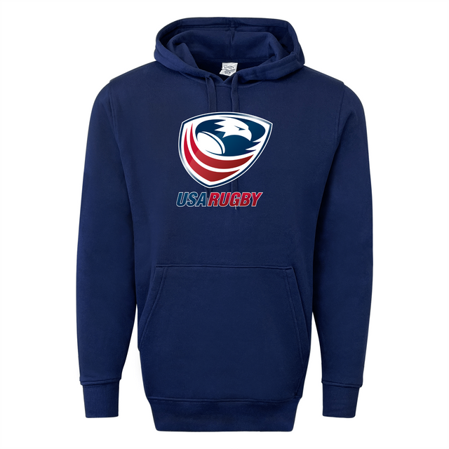 The WRS Augusta USA Rugby 60/40 Pullover Hoodie in navy blue features the USA Rugby logo with an eagle and a red, white, and blue design, making it perfect for fans seeking a stylish and comfortable fleece pullover.